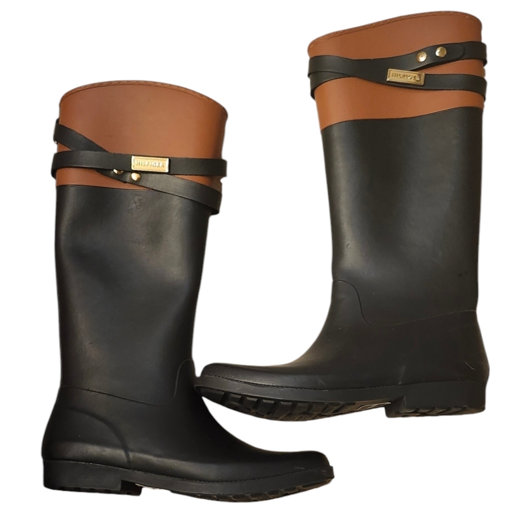 Tommy Hilfiger Black and Brown Tall Rain Boots, Size 8